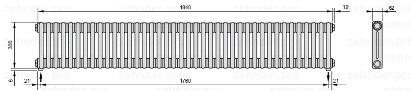Схема (чертеж) Радиатор Zehnder Charleston 2030/40 №3570 Белый глянцевый RAL 9016